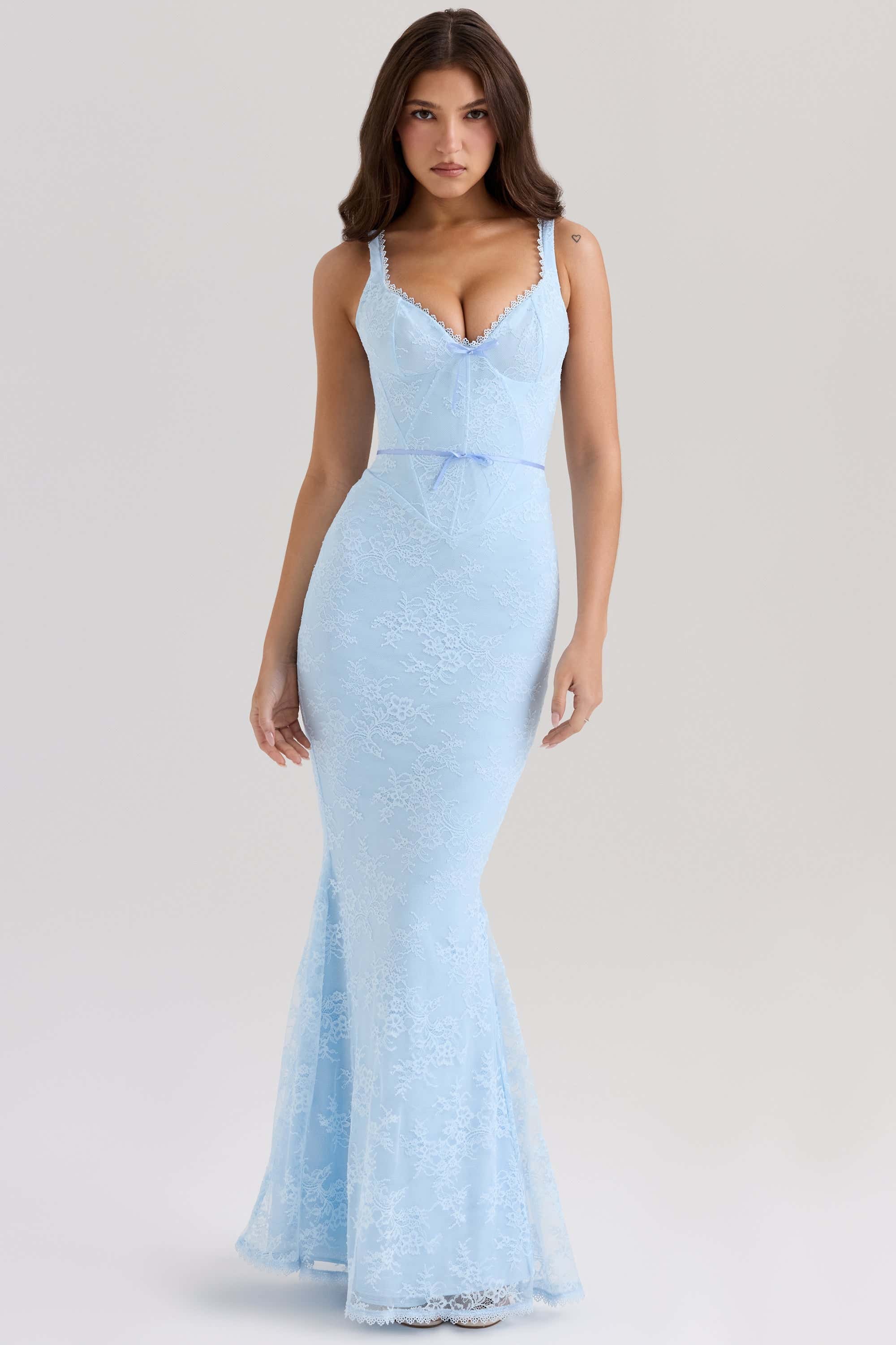 Sarai-Blue Lace Godet Maxi Dress